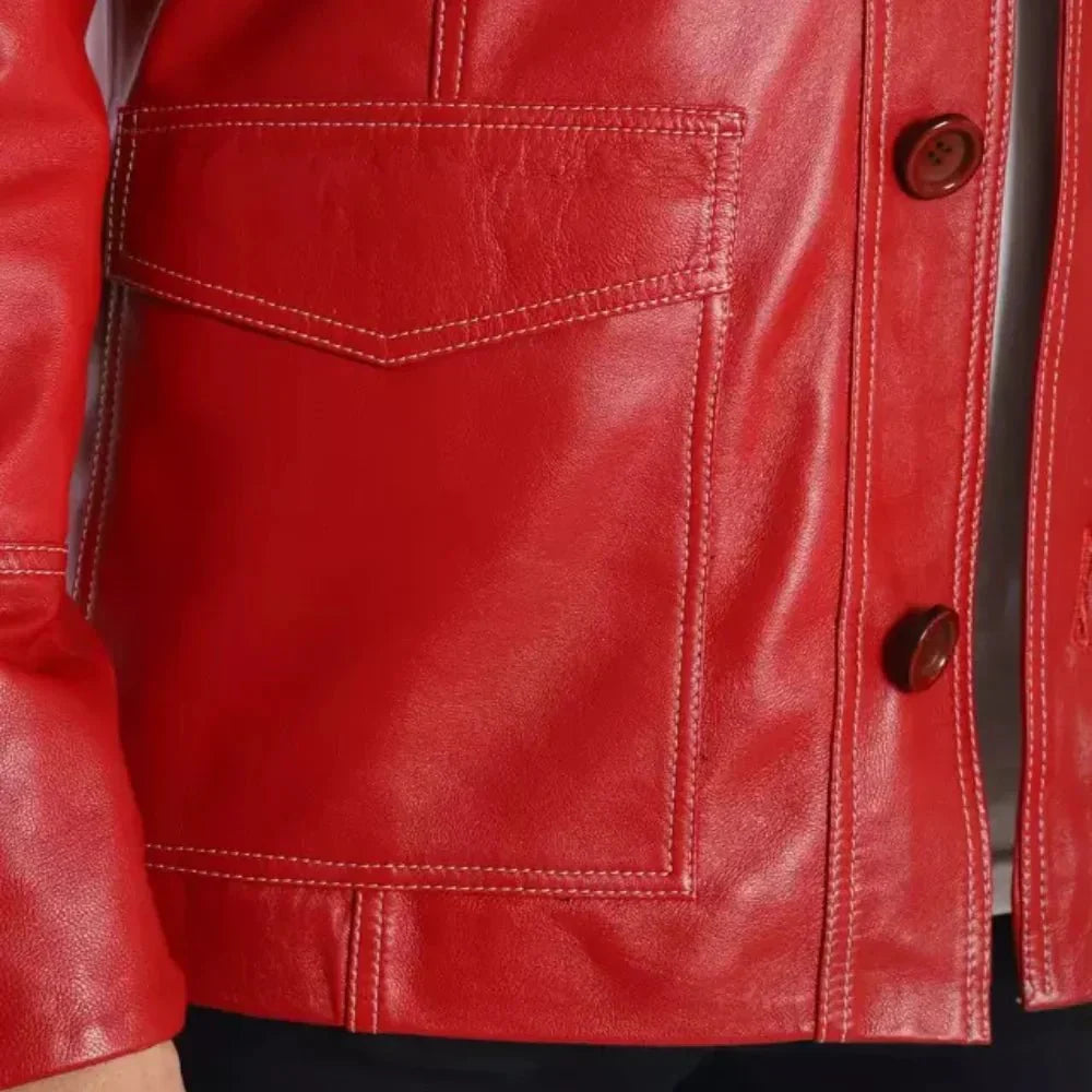 Shop Men's Red Lambskin Lapel-Collar Leather Coat  Closeup - Xactwear