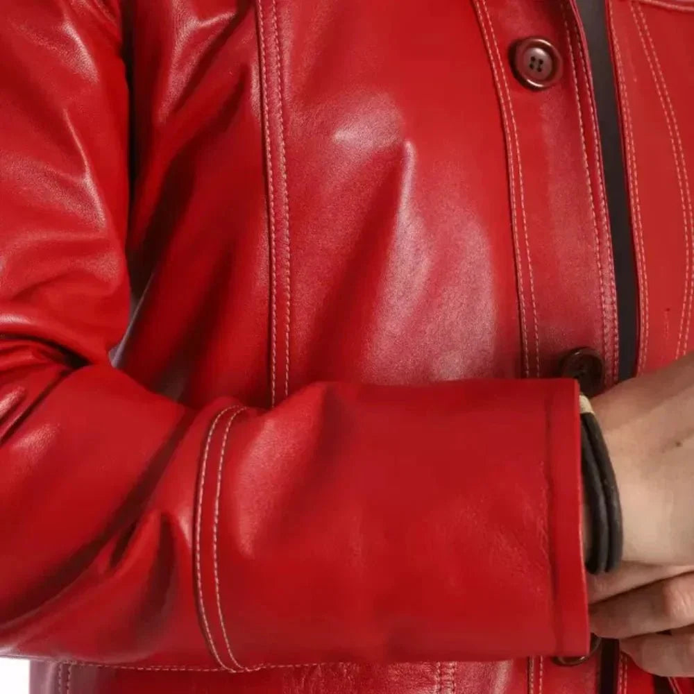 Shop Men's Red Lambskin Lapel-Collar Leather Coat Sleeves - Xactwear