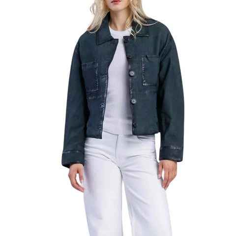 Shop Women’s Deep Teal Blue Cropped Button-Up Leather Jacket - Xactwear