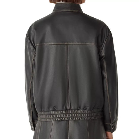 Women's Black Stand Collar Leather Bomber Jacket