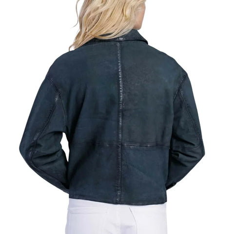 Women’s Deep Teal Blue Cropped Button-Up Leather Jacket
