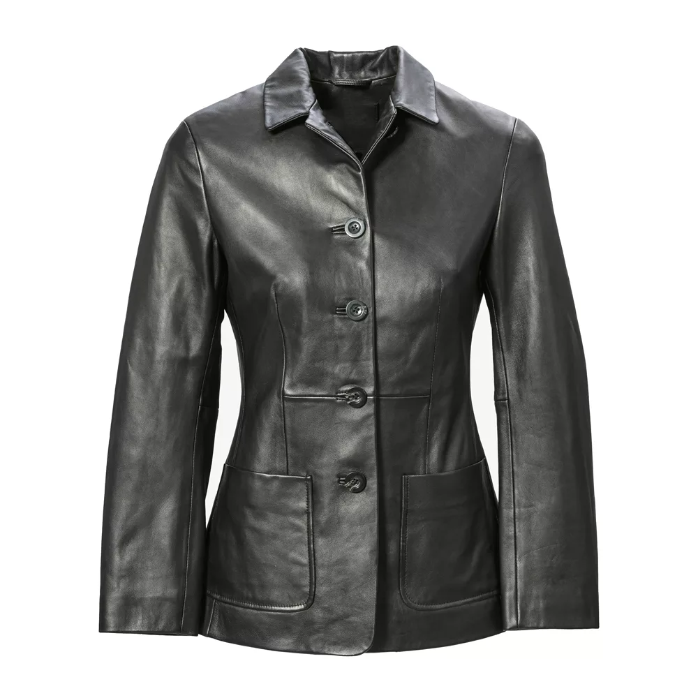Women's Black Button Front Leather Jacket