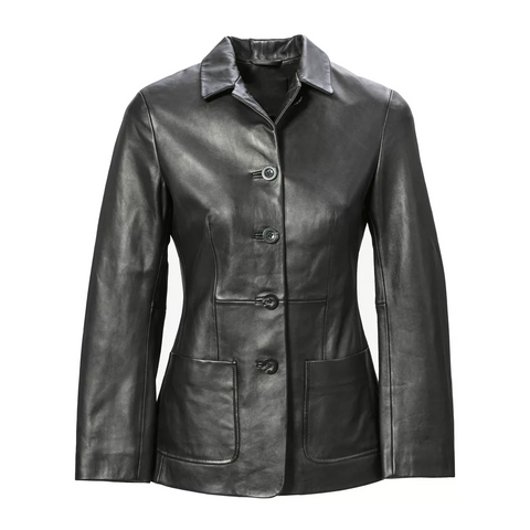 Women's Black Button Front Leather Jacket