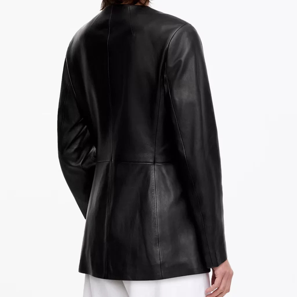 Women's Black Collarless Button Front Leather Jacket