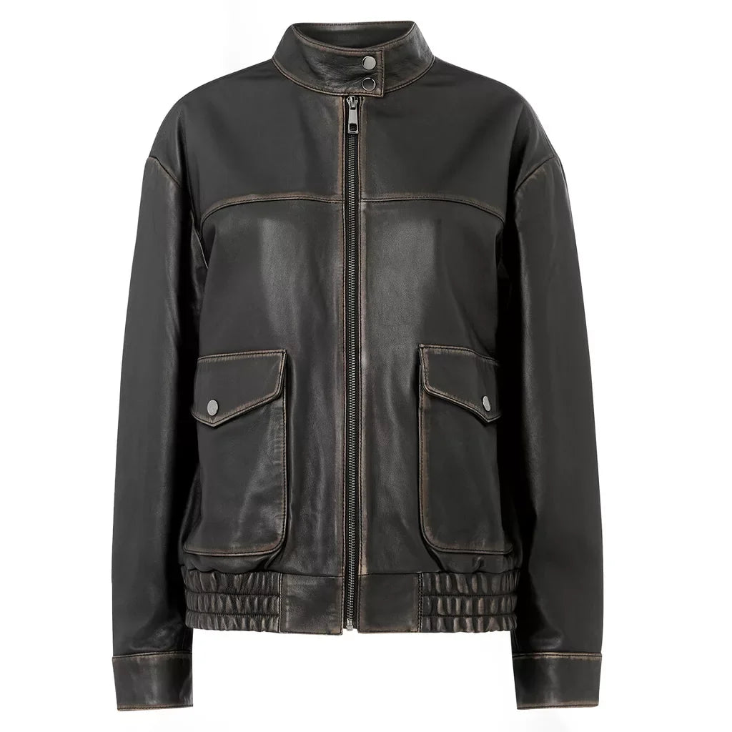 Women's Black Stand Collar Leather Bomber Jacket