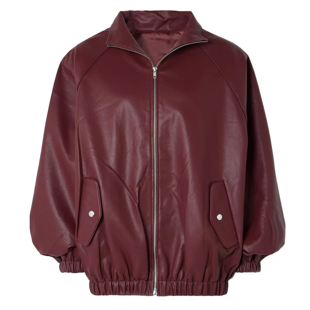 Women's Burgundy Leather Bomber Jacket