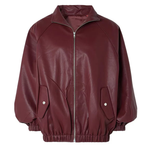 Women's Burgundy Leather Bomber Jacket
