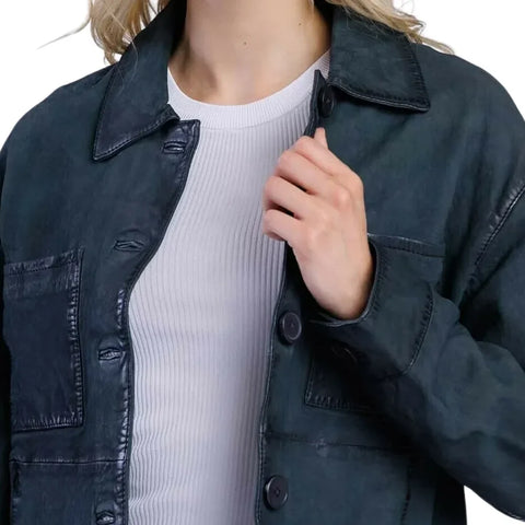 Women’s Deep Teal Blue Cropped Button-Up Leather Jacket Closeup - Xactwear