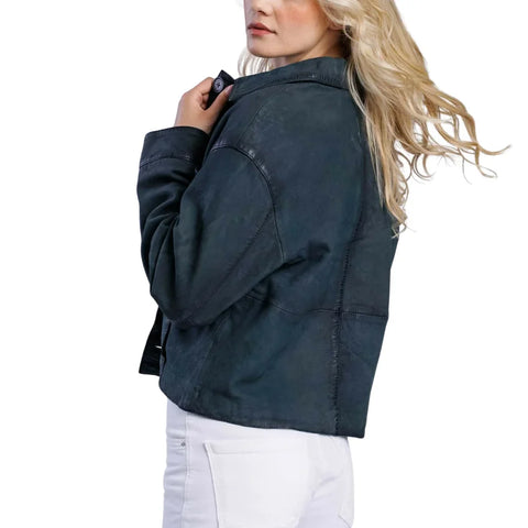 Women’s Deep Teal Blue Cropped Button-Up Leather Jacket Side- Xactwear