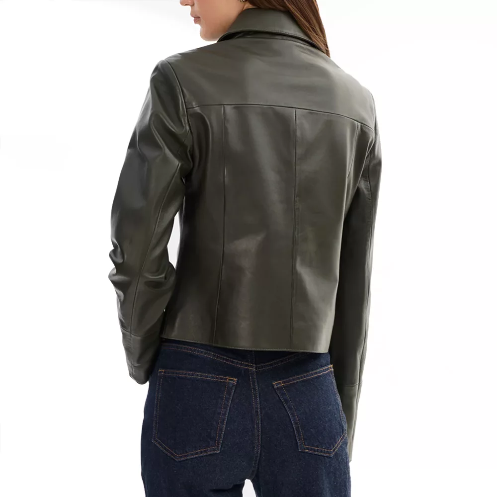 Women's Olive Green Harrington Shirt Collar Genuine Leather Jacket
