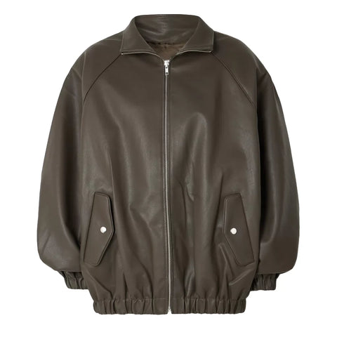 Women's Olive Green Leather Bomber Jacket