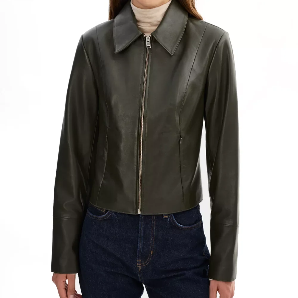 Women's Olive Green Harrington Shirt Collar Genuine Leather Jacket