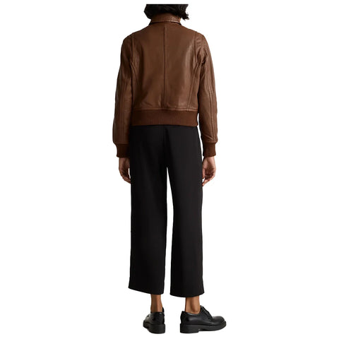 Women's Brown Cropped Leather Bomber Jacket