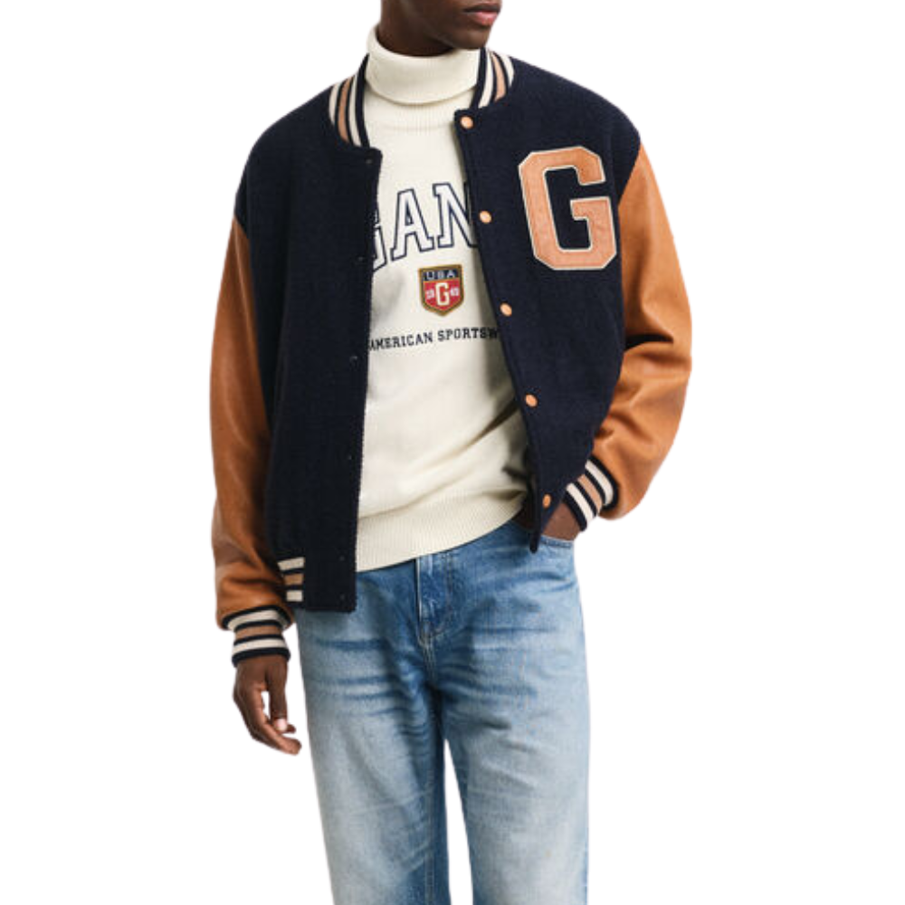 Men’s Navy & Tan Varsity Wool and Leather Jacket