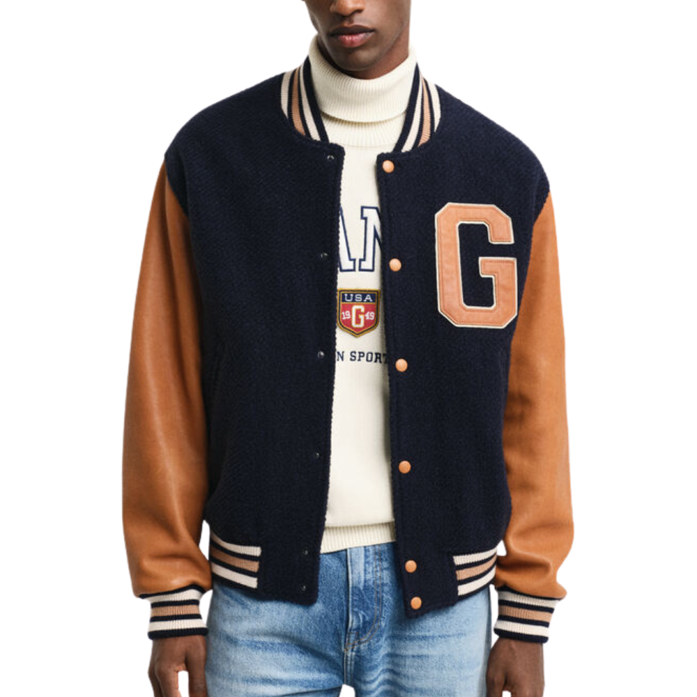 Men’s Navy & Tan Varsity Wool and Leather Jacket