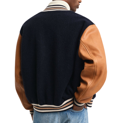 Men’s Navy & Tan Varsity Wool and Leather Jacket