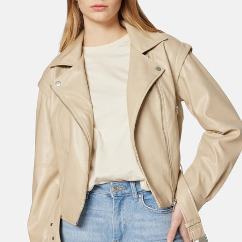 Women's Moto Style Beige Leather Jacket