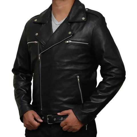 Negan Inspired Men’s Black Belted Moto Leather Jacket