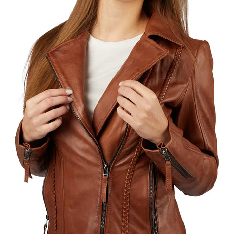 Women's Asymmetrical Cognac Motorcycle Leather Jacket