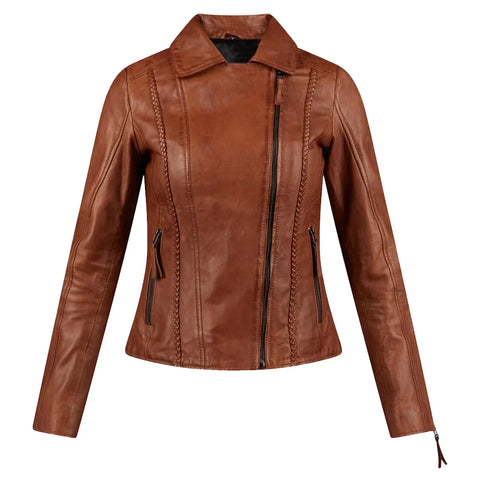 Women's Asymmetrical Cognac Motorcycle Leather Jacket