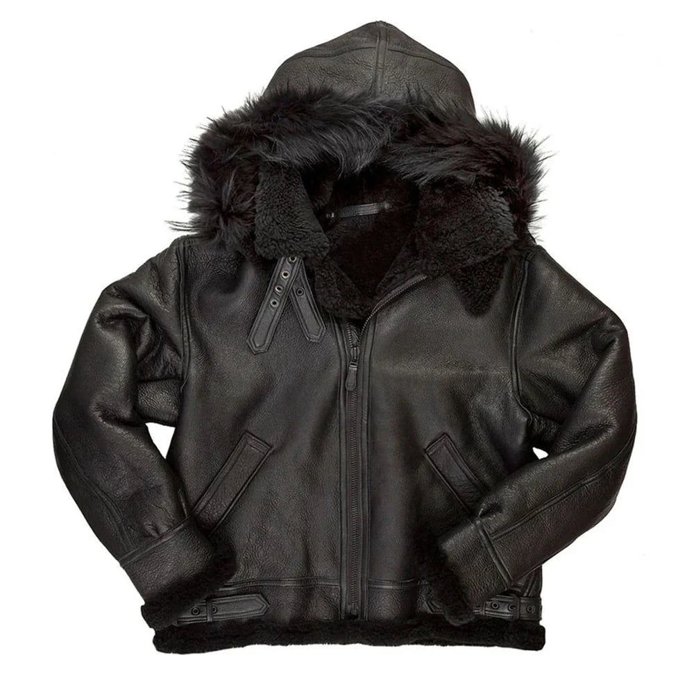 Men’s Black Hooded Shearling Leather Bomber Jacket
