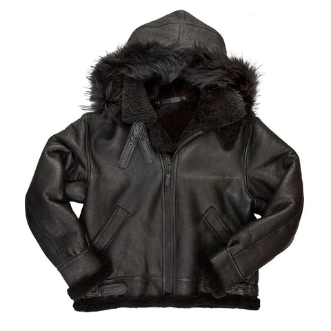 Men’s Black Hooded Shearling Leather Bomber Jacket