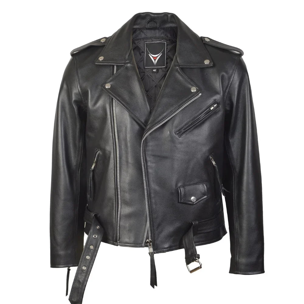 Mens Brando Belted Black Biker Leather Jacket