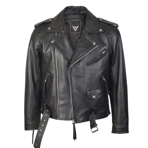 Mens Brando Belted Black Biker Leather Jacket