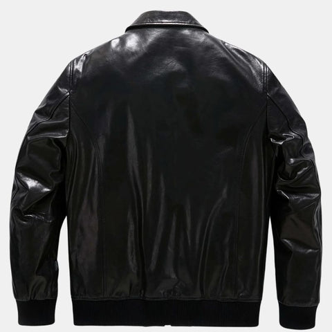 Mens Patched Black Bomber Leather Jacket