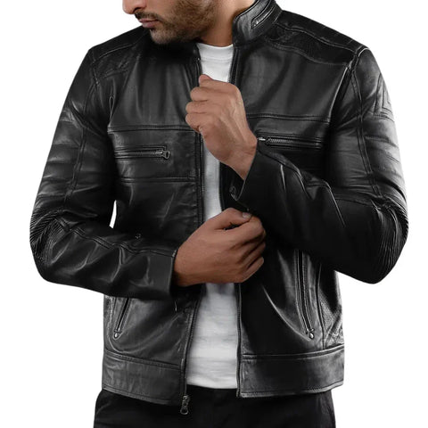 Men's Real Lambskin Black Cafe Racer Leather Jacket