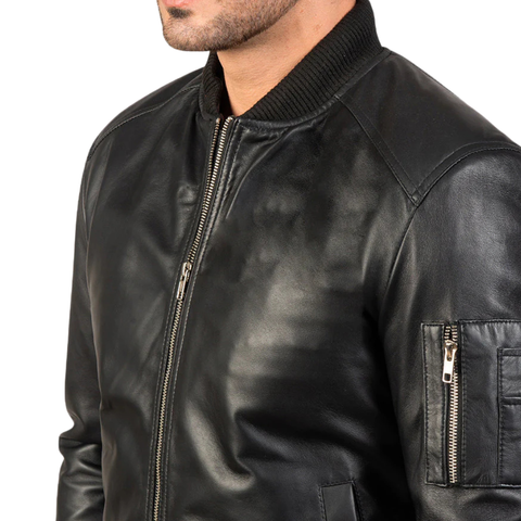 Men's Ma-1 Black Leather Bomber Jacket