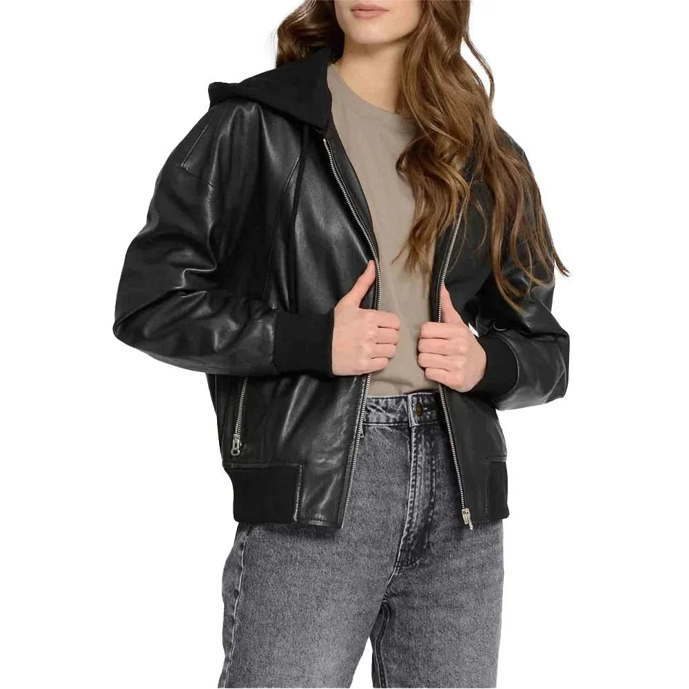 Women's Black Hooded Leather Bomber Jacket