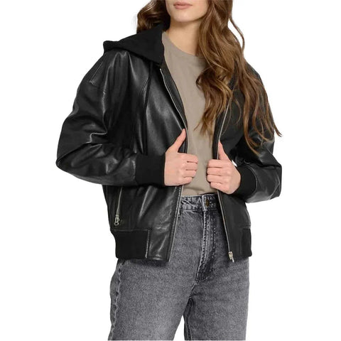 Women's Black Hooded Leather Bomber Jacket