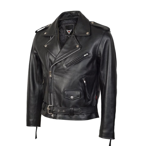 Mens Brando Belted Black Biker Leather Jacket