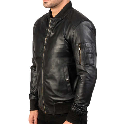 Men's Ma-1 Black Leather Bomber Jacket
