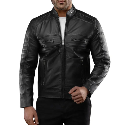 Men's Real Lambskin Black Cafe Racer Leather Jacket