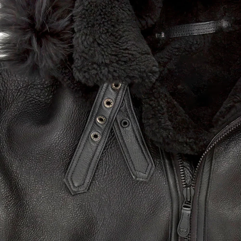 Men’s Black Hooded Shearling Leather Bomber Jacket
