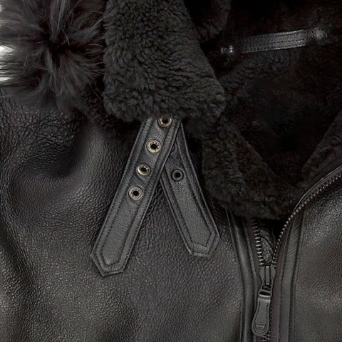 Men’s Black Hooded Shearling Leather Bomber Jacket