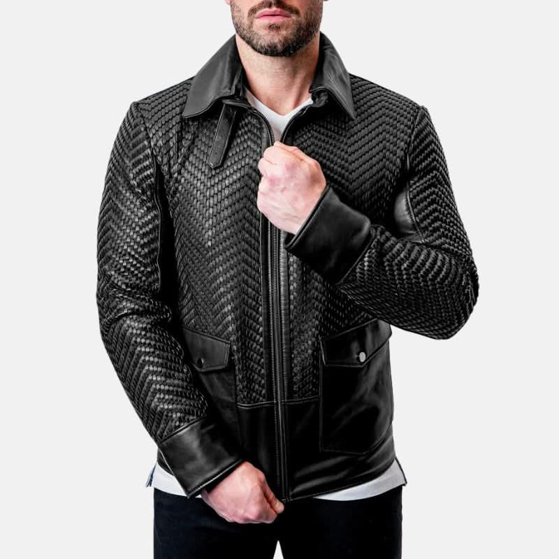 Mens Black Snakeskin Textured Leather Jacket