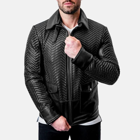 Mens Black Snakeskin Textured Leather Jacket