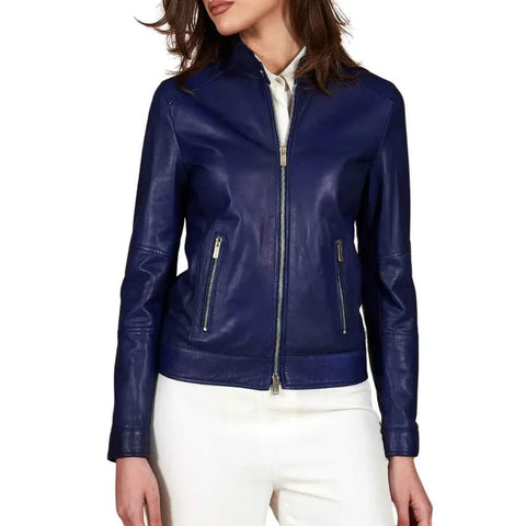 Women’s Blue Lambskin Cafe Racer Leather Jacket