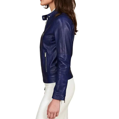 Women’s Blue Lambskin Cafe Racer Leather Jacket
