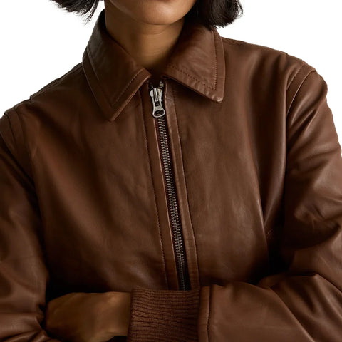 Women's Brown Cropped Leather Bomber Jacket