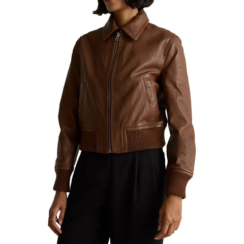 Women's Brown Cropped Leather Bomber Jacket