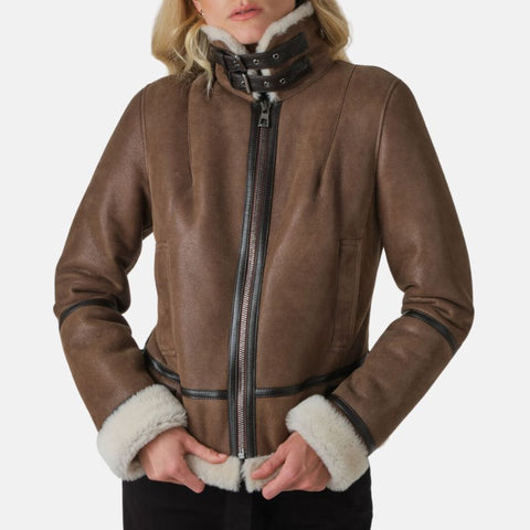 Women’s Brown Shearling Aviator Leather Jacket