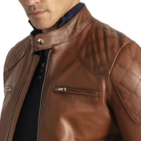 Men's David Brown Quilted Cafe Racer Leather Jacket