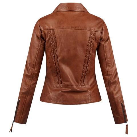 Women's Asymmetrical Cognac Motorcycle Leather Jacket
