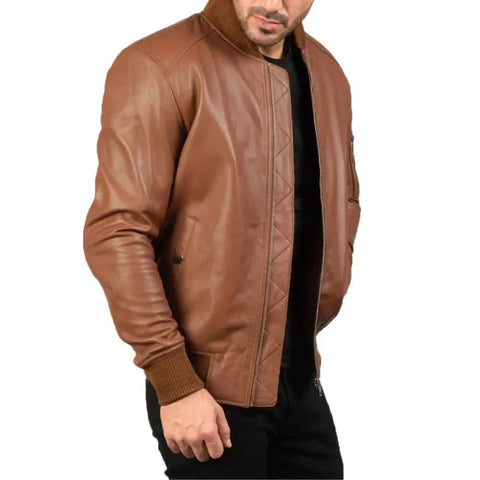 Men's MA-1 Brown Leather Bomber Jacket