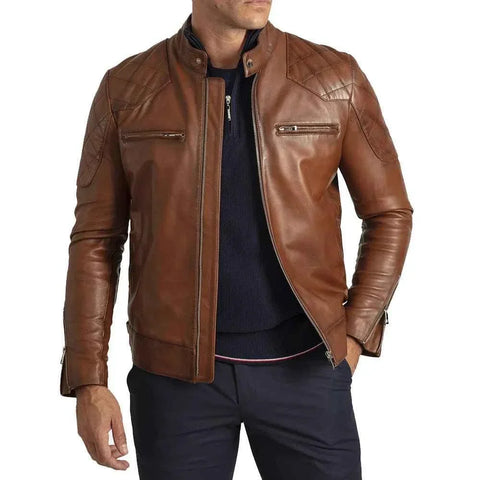 Men's David Brown Quilted Cafe Racer Leather Jacket