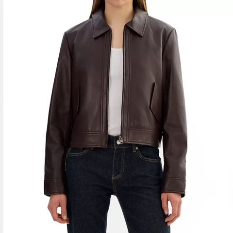 Women's Cropped Brown Shirt Collar Leather Jacket